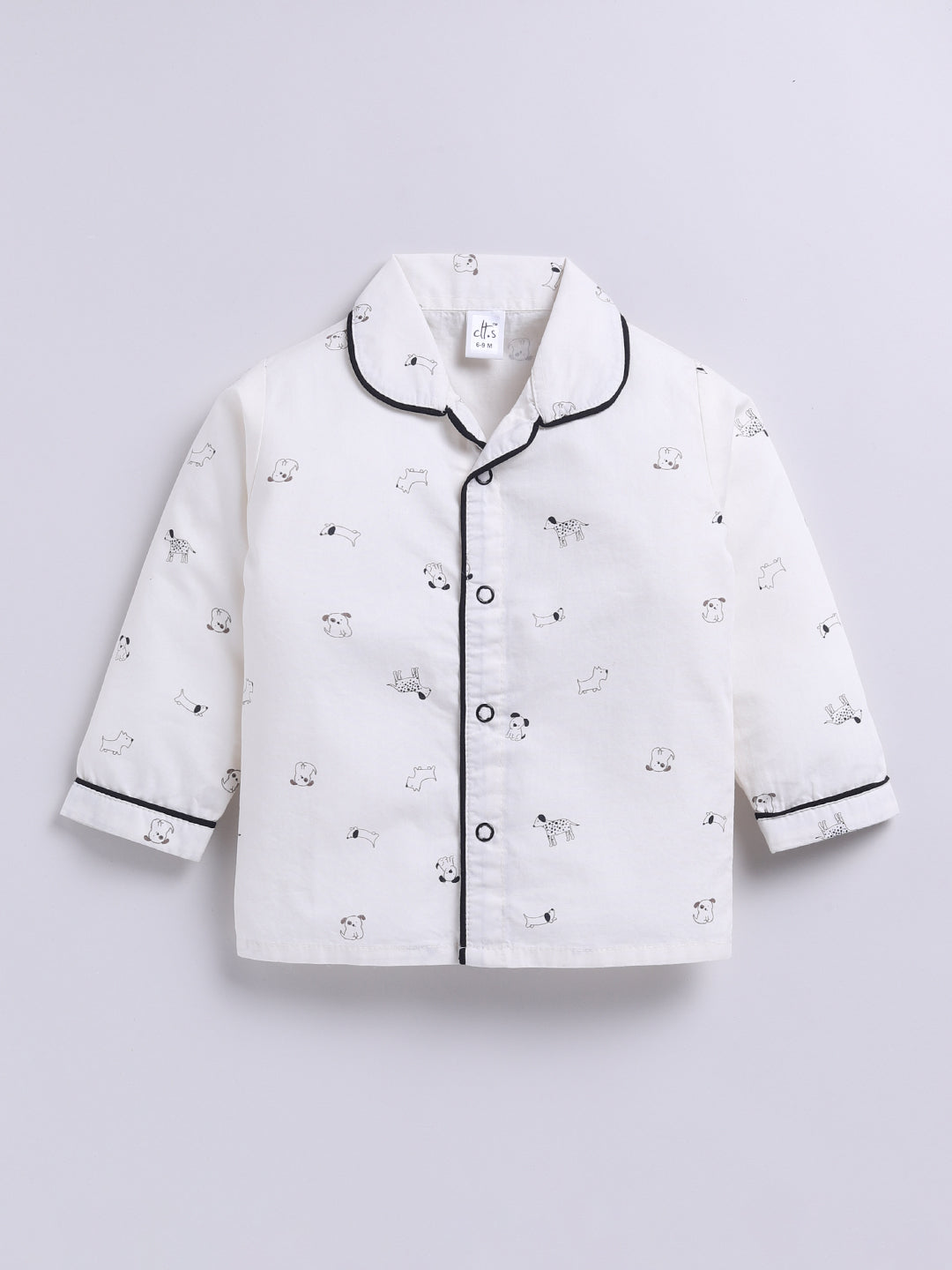 White Cotton Woven Puppy Printed Full Sleeve Night Suit