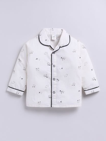 White Cotton Woven Puppy Printed Full Sleeve Night Suit