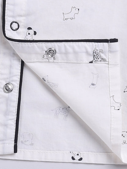 White Cotton Woven Puppy Printed Full Sleeve Night Suit