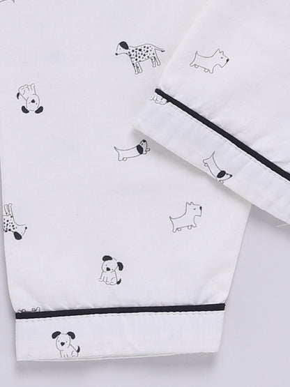 White Cotton Woven Puppy Printed Full Sleeve Night Suit
