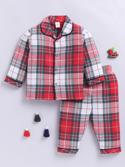 Christmas Themed Cotton Woven Checked Full Sleeve Night Suit