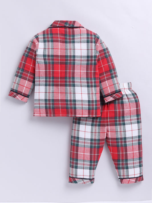 Christmas Themed Cotton Woven Checked Full Sleeve Night Suit