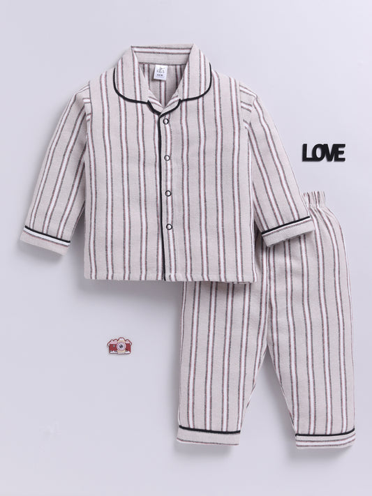 Beige Cotton Woven Striped Flannel Full Sleeve Night Suit