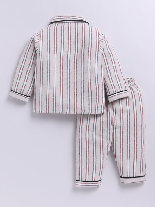 Beige Cotton Woven Striped Flannel Full Sleeve Night Suit