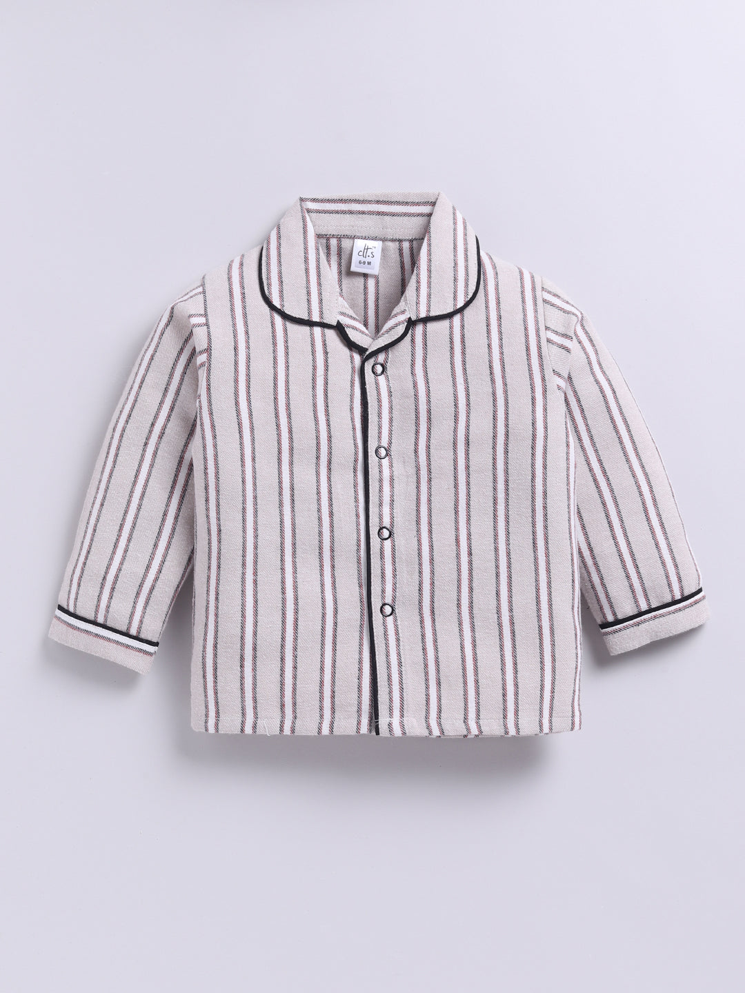 Beige Cotton Woven Striped Flannel Full Sleeve Night Suit