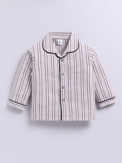 Beige Cotton Woven Striped Flannel Full Sleeve Night Suit