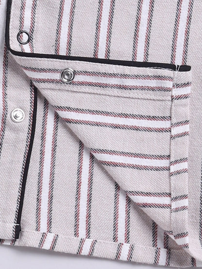 Beige Cotton Woven Striped Flannel Full Sleeve Night Suit