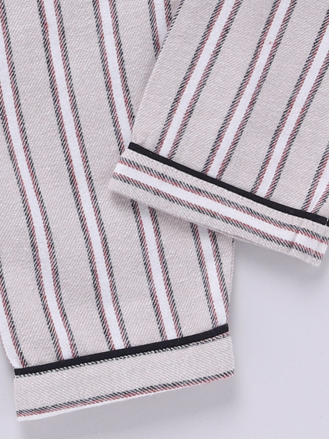 Beige Cotton Woven Striped Flannel Full Sleeve Night Suit