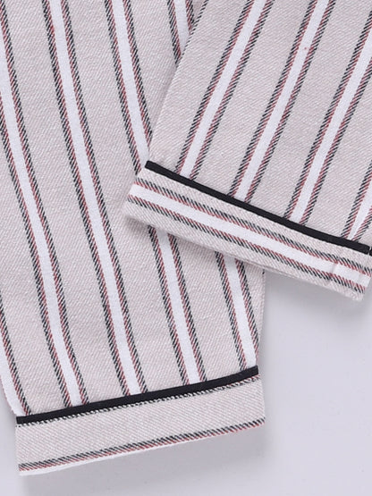 Beige Cotton Woven Striped Flannel Full Sleeve Night Suit