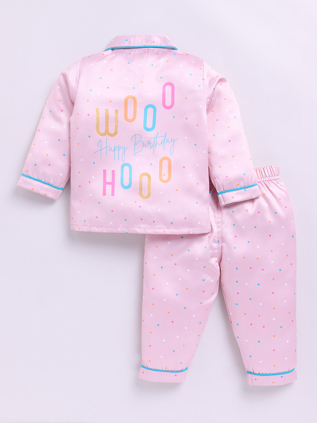 Peach Polka Dots Birthday Full Sleeve Satin Night Suit
