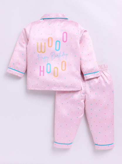 Peach Polka Dots Birthday Full Sleeve Satin Night Suit