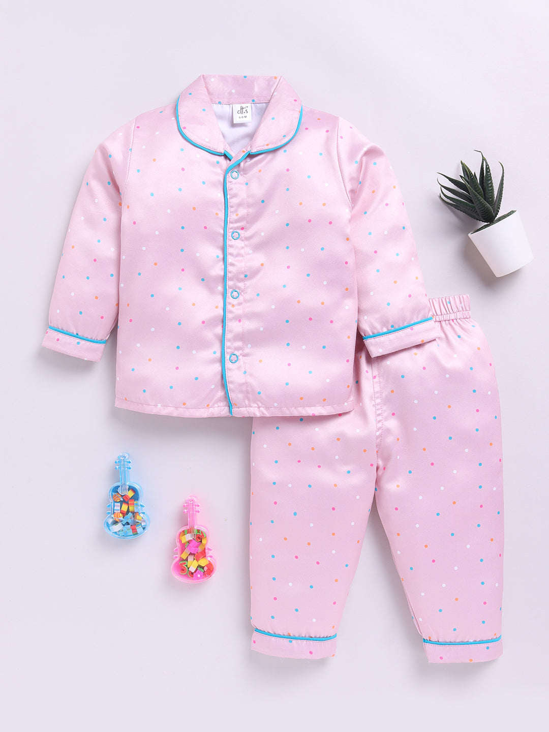 Peach Polka Dots Birthday Full Sleeve Satin Night Suit