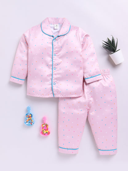 Peach Polka Dots Birthday Full Sleeve Satin Night Suit