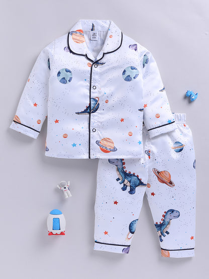 Blue Satin Woven Graphic Full Sleeve Night Suit