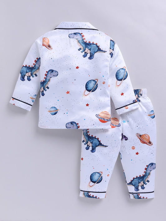 Blue Satin Woven Graphic Full Sleeve Night Suit