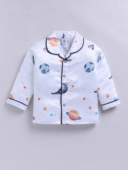 Blue Satin Woven Graphic Full Sleeve Night Suit