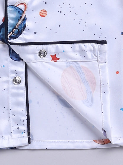 Blue Satin Woven Graphic Full Sleeve Night Suit