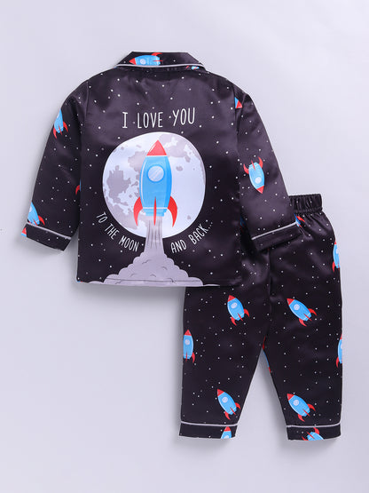 Black Space Theme Full Sleeves Satin Night Suit