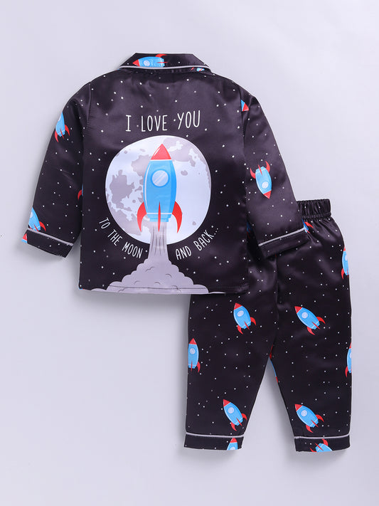 Black Space Theme Full Sleeves Satin Night Suit