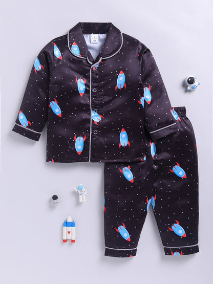 Black Space Theme Full Sleeves Satin Night Suit