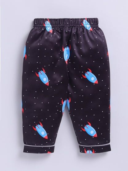 Black Space Theme Full Sleeves Satin Night Suit