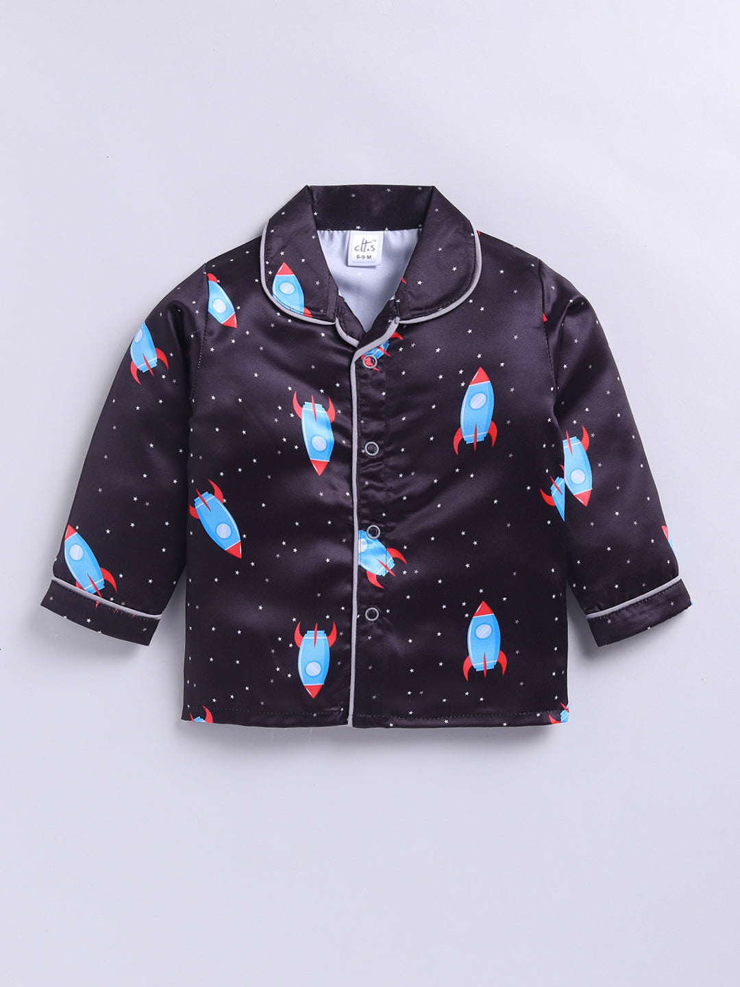 Black Space Theme Full Sleeves Satin Night Suit