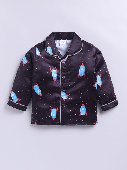 Black Space Theme Full Sleeves Satin Night Suit