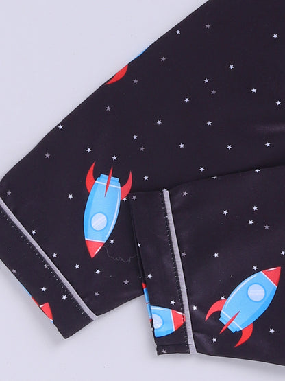 Black Space Theme Full Sleeves Satin Night Suit