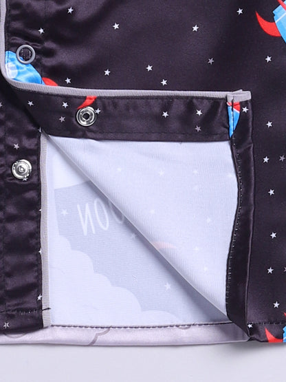 Black Space Theme Full Sleeves Satin Night Suit