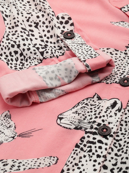 Pink Animal Print Long Sleeves Sleep Shirt