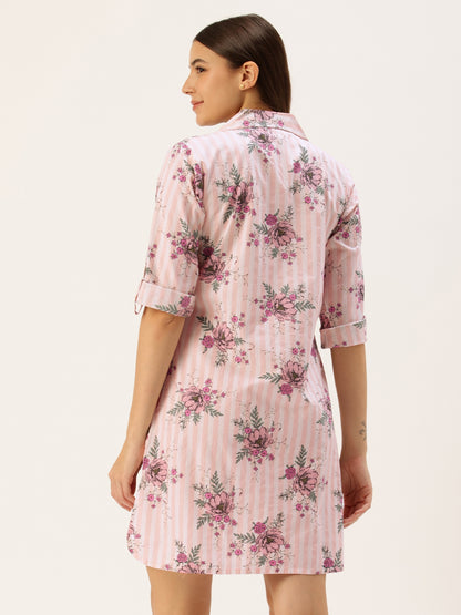 Pink Floral Long Sleeves Sleep Shirt