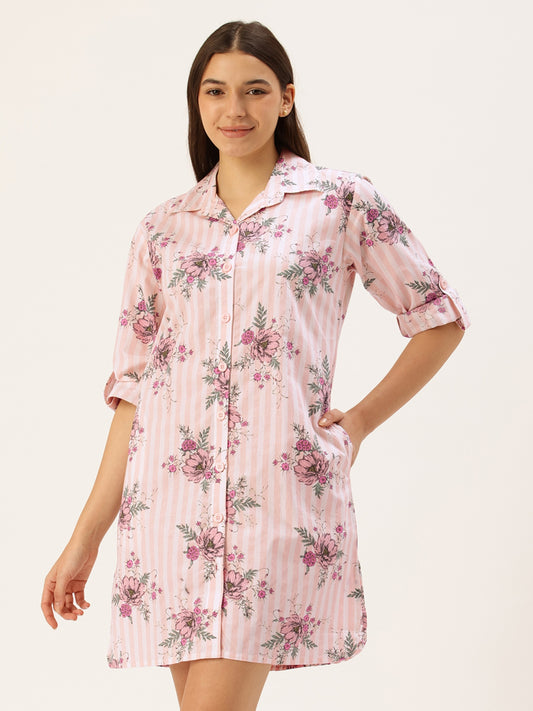 Pink Floral Long Sleeves Sleep Shirt