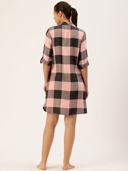 Pink Checked Long Sleeves Sleep Shirt