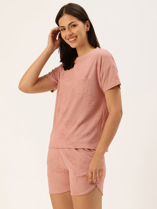 Pink Self Design T-shirt & Shorts