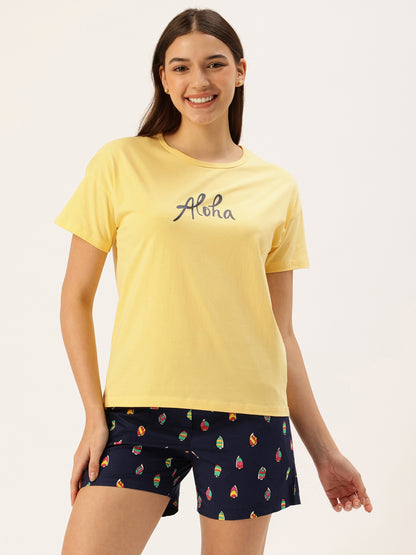 Yellow Typography T-shirt & Shorts