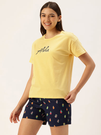 Yellow Typography T-shirt & Shorts