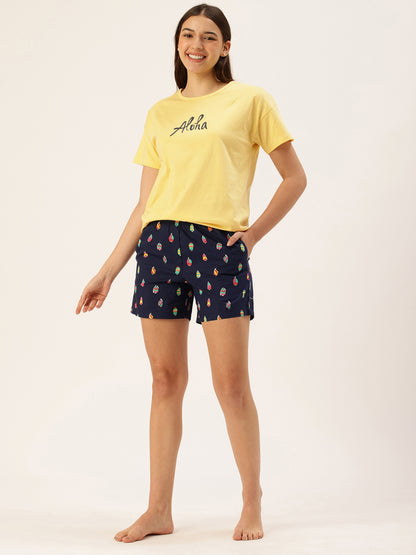 Yellow Typography T-shirt & Shorts