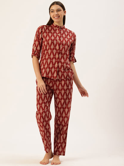 Maroon Floral Night Suit