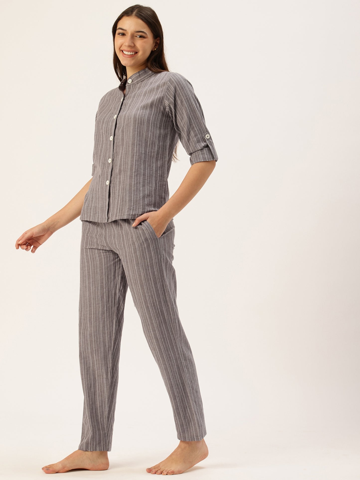 Grey Striped Night Suit