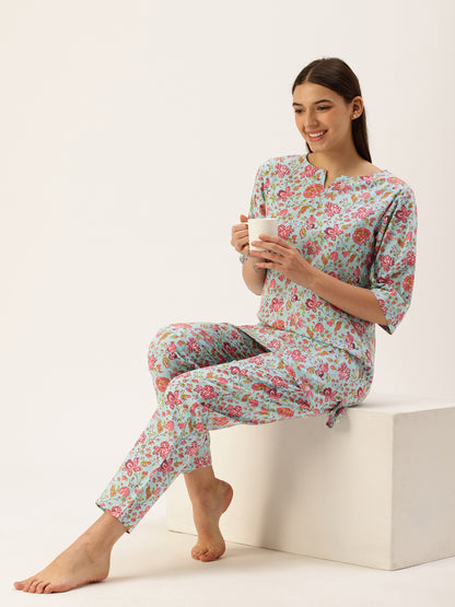 Blue Floral Kurta & Pyjamas