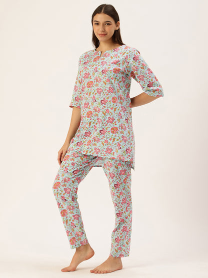 Blue Floral Kurta & Pyjamas