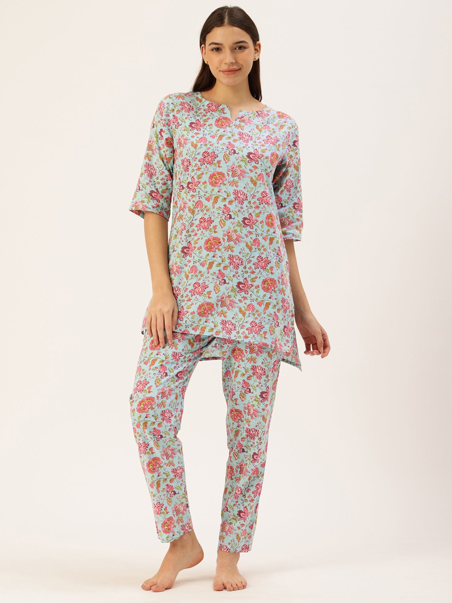 Blue Floral Kurta & Pyjamas