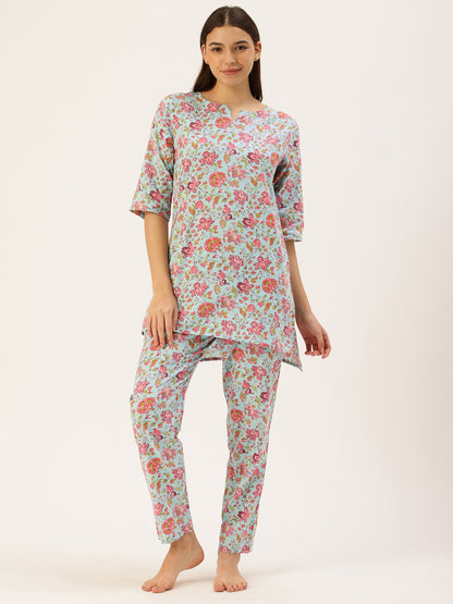 Blue Floral Kurta & Pyjamas