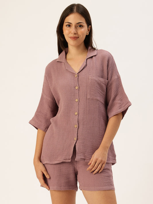 Mauve Solid Short Night Suit