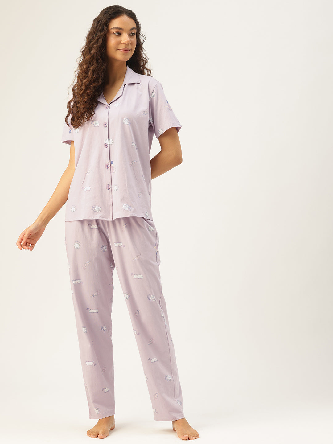 Mauve Cotton Short Sleeves Graphic Night Suit