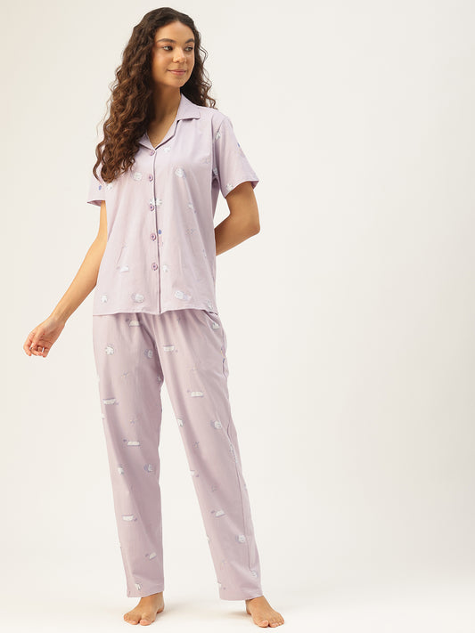 Mauve Cotton Short Sleeves Graphic Night Suit