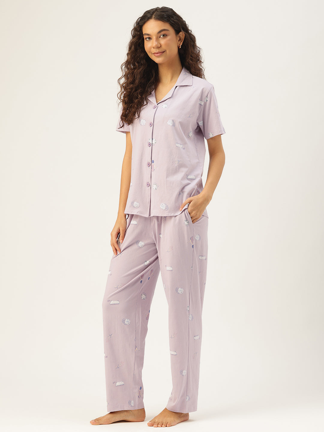 Mauve Cotton Short Sleeves Graphic Night Suit