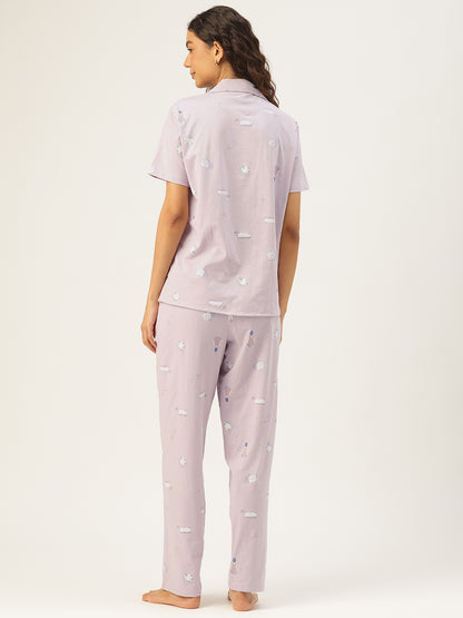 Mauve Cotton Short Sleeves Graphic Night Suit