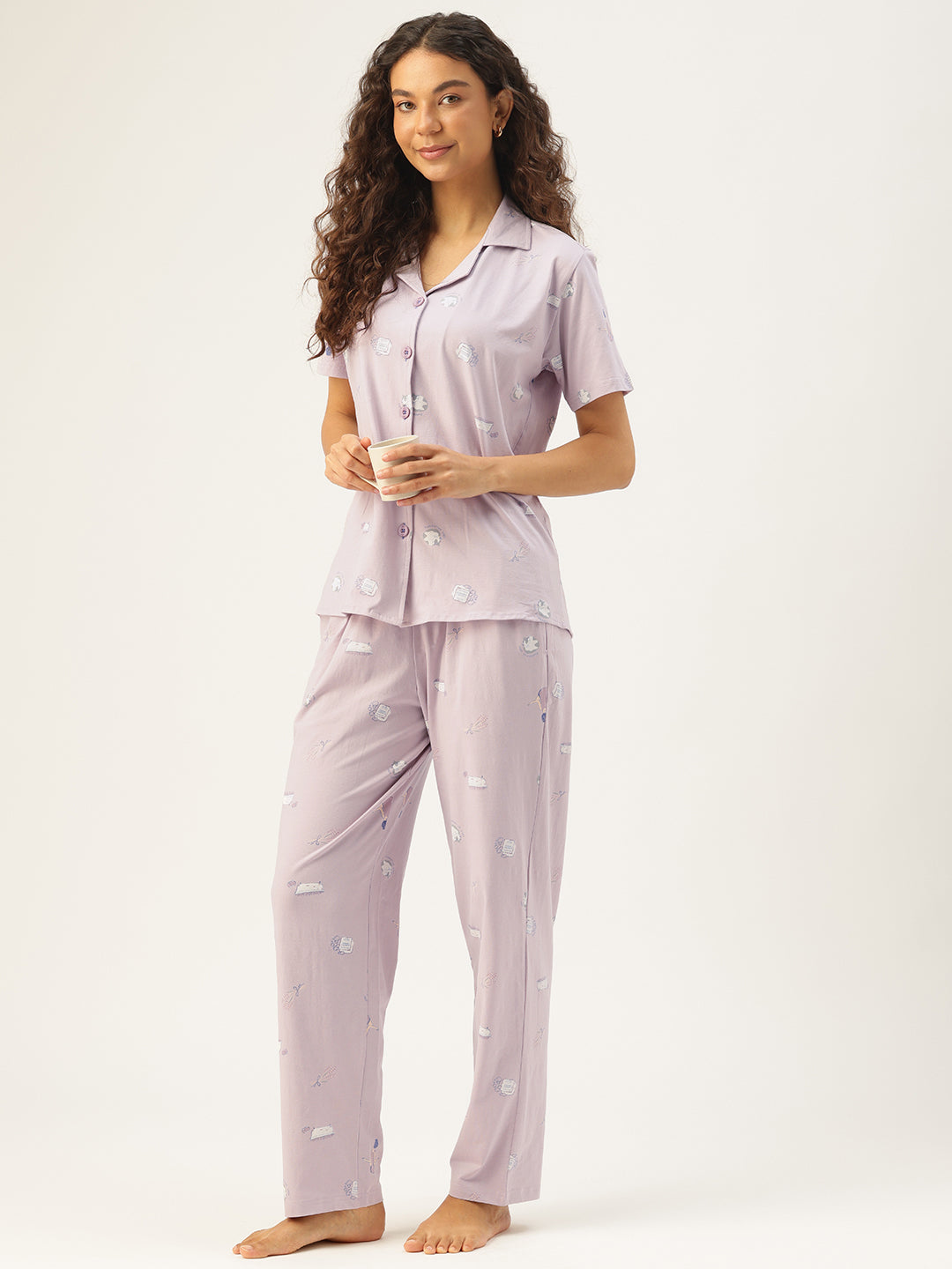 Mauve Cotton Short Sleeves Graphic Night Suit