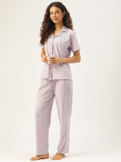 Mauve Cotton Short Sleeves Graphic Night Suit